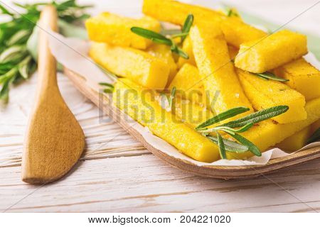 Polenta Fries With Rosemary. Italian Appetizers. Horizontal View.
