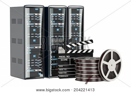 Cinema Server concept. Computer Server Racks with film reel and clapperboard 3D rendering