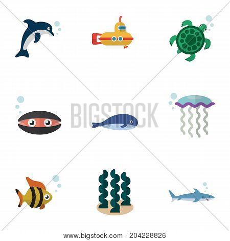 Flat Icon Sea Set Of Cachalot, Shark, Periscope And Other Vector Objects