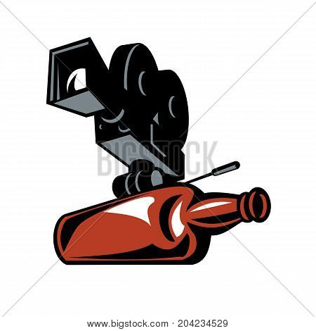 Retro style illustration of a Vintage Movie Film Camera on top of rhum Whiskey Bottle viewed from a low angle on isolated background.