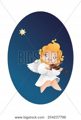 Christmas background design with violinist angel musician. Happy smiling flying on a night sky cute cartoon angel kid play music  on violin tostar. Good siut for card, music collection box cover