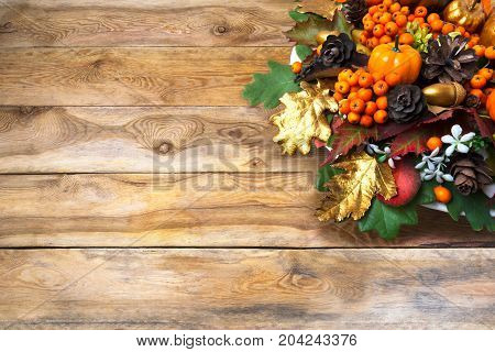 Fall Greeting With Berries And Cones Wreath, Copy Space