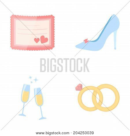Invitation, bride's shoes, champagne glasses, wedding rings. Wedding set collection icons in cartoon style vector symbol stock illustration .
