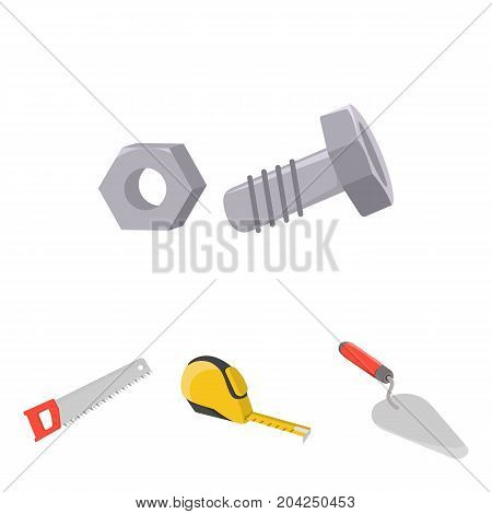 Measuring tape, bolt with nut, trowel, wood hacksaw. Build and repair set collection icons in cartoon style vector symbol stock illustration .