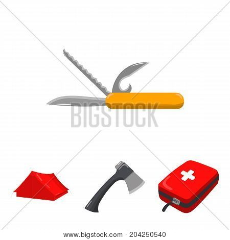 Ax, first-aid kit, tourist tent, folding knife. Camping set collection icons in cartoon style vector symbol stock illustration .