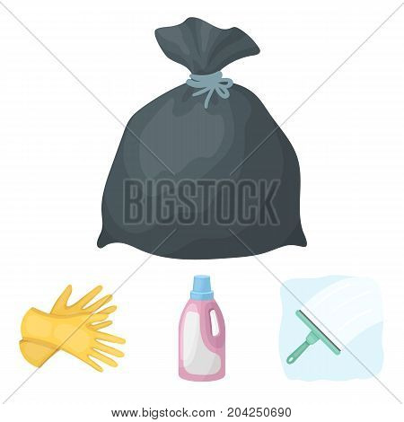 Gel for washing in a pink bottle, yellow gloves for cleaning, a brush for glass, a black bag for garbage or waste. Cleaning set collection icons in cartoon style vector symbol stock illustration .