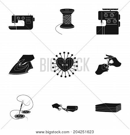 coil with thread, sewing machine, fabric and other equipment. Sewing and equipment set collection icons in black style vector symbol stock illustration .