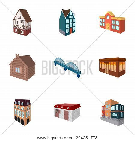 Municipality building, bank office building, stable, wooden hut, bridge and other architectural structures. Architecture and facilities set collection icons in cartoon style vector symbol stock illustration .