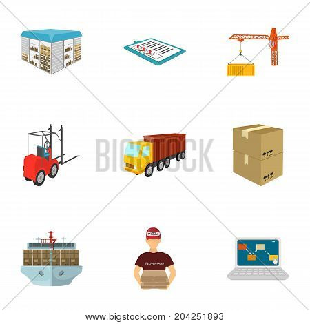 Forklift, cargo plane, goods, documents and other items in the delivery and transportation. Logistics and delivery set collection icons in cartoon style isometric vector symbol stock illustration .