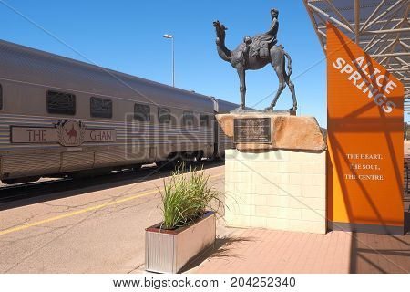 Alice Springs Australia - September 7 2017: The famous Ghan railway at the Alice Springs terminal with a local sign