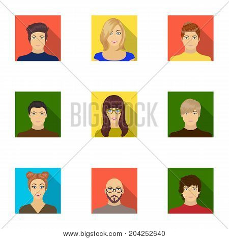 Appearance of the girl in glasses, a guy with a hairdo, a bald man with a beard and other varieties of face. Faces and appearance set collection icons in flat style vector symbol stock illustration .
