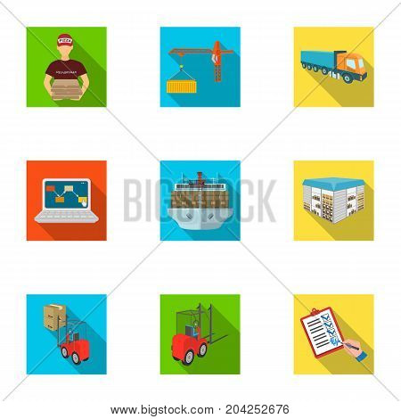 Forklift, cargo plane, goods, documents and other items in the delivery and transportation. Logistics and delivery set collection icons in flat style isometric vector symbol stock illustration .
