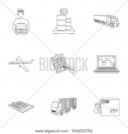 Forklift, cargo plane, goods, documents and other items in the delivery and transportation. Logistics and delivery set collection icons in outline style isometric vector symbol stock illustration .
