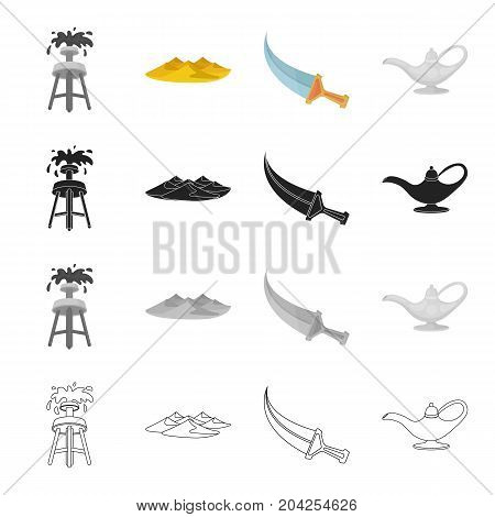 An oil rig, sand dunes, an Arab dagger, a oil lamp. United Arab Emirates set collection icons in cartoon black monochrome outline style vector symbol stock illustration .