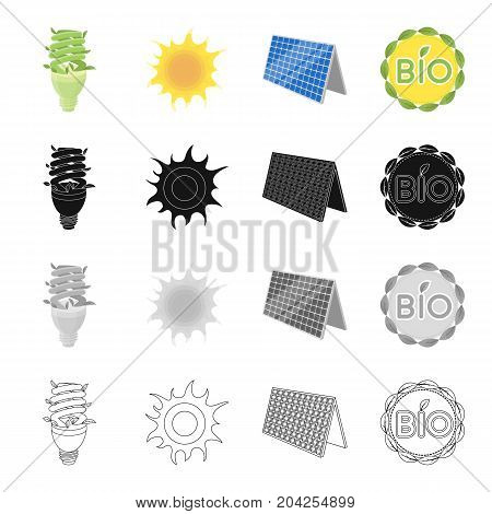 Economical light bulb, solar battery, sun, bio label. Ecology set collection icons in cartoon black monochrome outline style vector symbol stock illustration .
