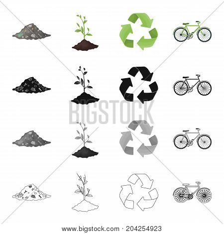 A pile of garbage, an environmentally friendly plant, a bio sign, a green arrow, a bicycle. Ecology set collection icons in cartoon black monochrome outline style vector symbol stock illustration .