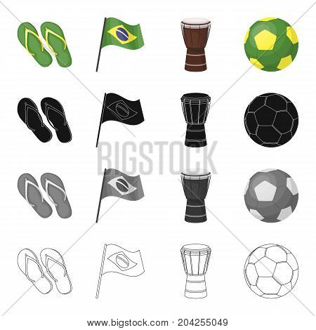 Beach flip flops, the national flag of Brazil, a carnival drum, a soccer ball. Brazil set collection icons in cartoon black monochrome outline style vector symbol stock illustration .
