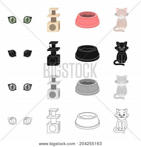 Cat's eyes, a scratching a bowl for food, a sick kitten.Cat set collection icons in cartoon black monochrome outline style vector symbol stock illustration .