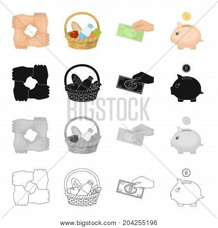 Gesture of charity, a basket of food, a monetary donation, a piggy bank. Charity and donation set collection icons in cartoon black monochrome outline style vector symbol stock illustration .