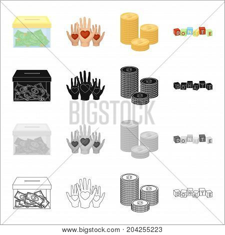 a container with money, a charity hand with a heart, a pile of money, an inscription on the cubes. Charity and donation set collection icons in cartoon black monochrome outline style vector symbol stock illustration .