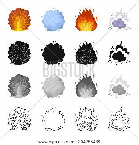 Nuclear explosion, flash, flame. Various types of explosions set collection icons in cartoon black monochrome outline style vector symbol stock illustration .