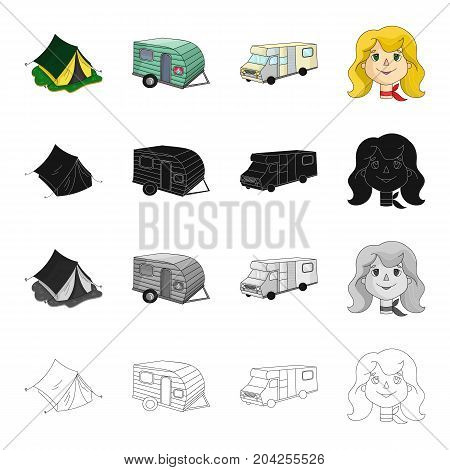 A tent for rest, a trailer, a trailer, a woman's face. Family holiday set collection icons in cartoon black monochrome outline style vector symbol stock illustration .