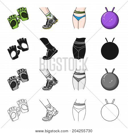 Protective gloves, sneakers on the leg, waist measurement, gymnastic ball. Fitness set collection icons in cartoon black monochrome outline style vector symbol stock illustration .