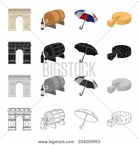 Triumphal arch, wine barrel, umbrella national tricolor, famous French cheese. France set collection icons in cartoon black monochrome outline style vector symbol stock illustration .
