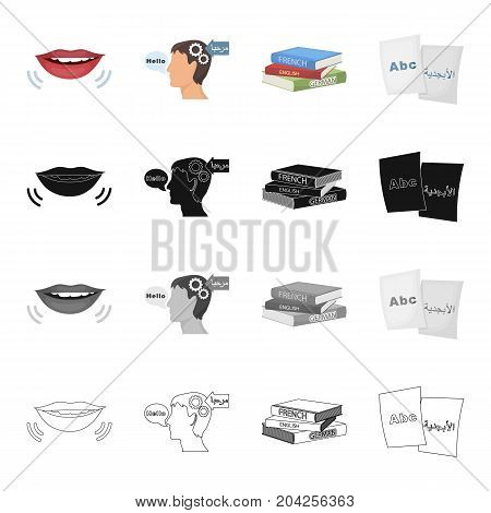 Read on the lips, a translation in the head of a man, different dictionaries, pist paper with an inscription. Interpreter set collection icons in cartoon black monochrome outline style vector symbol stock illustration .