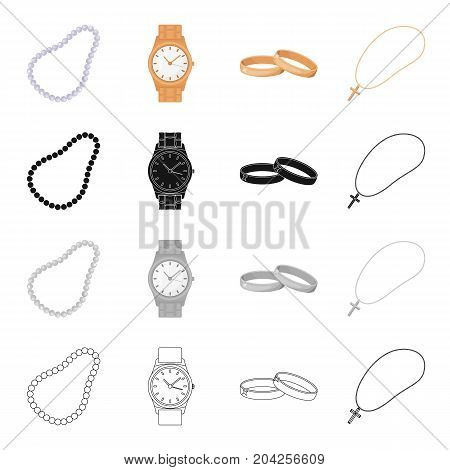 Precious beads, accessory wristwatches, engagement rings, cross and chain. Jewelery and Accessories set collection icons in cartoon black monochrome outline style vector symbol stock illustration .