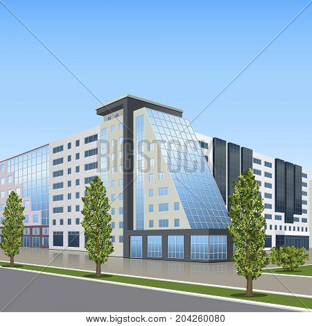 office building with the entrance and a reflection on the background of the street