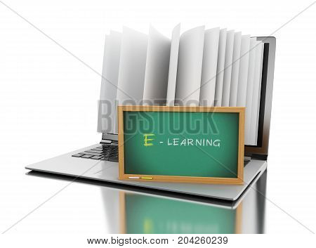 3d illustration. Laptop computer with book pages and 