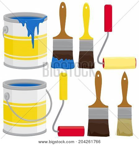 Paint supplies, cans, brushes, buckets and rollers. Vector illustration