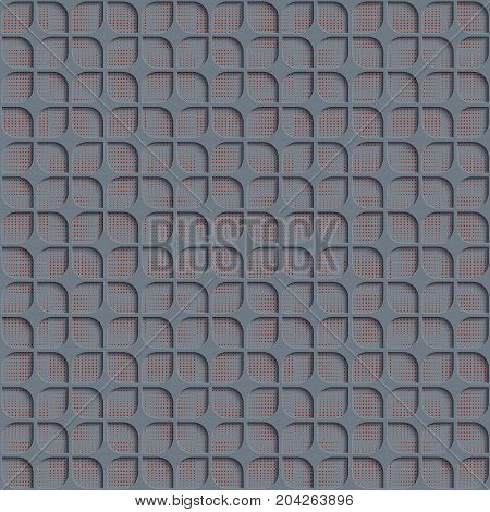 Seamless Abstract Geometric Pattern. 3d Gray Tile Surface With Red Dots Of Different Sizes On The Bottom Layer. Frame Border Wallpaper. Elegant Repeating Vector Ornament