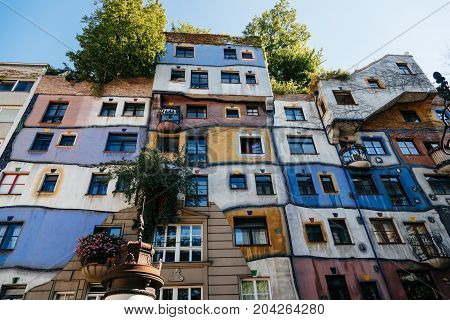 Vienna, Austria - August 15, 2017: Hundertwasserhaus in Vienna. It is is an apartment house in Vienna built after the idea and concept of Austrian artist Friedensreich Hundertwasser.r