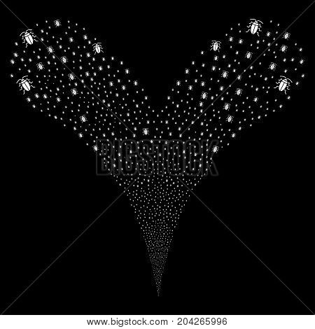 Cucaracha fireworks stream. Vector illustration style is flat white iconic cucaracha symbols on a black background. Object fountain created from random pictographs.