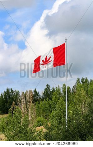 Red and white Canadian flag with a pot leaf waving in the wind on a flagpole