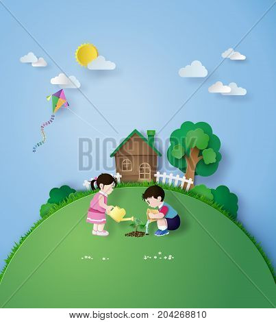 Illustration of earth day Child pouring water on the trees are growing.paper art and carft style.