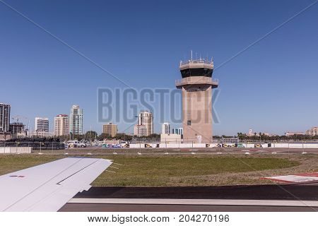ST. PETERSBURG USA - FEBR 16 2017: Albert Whitted Airport from airplane St. Petersburg FLorida