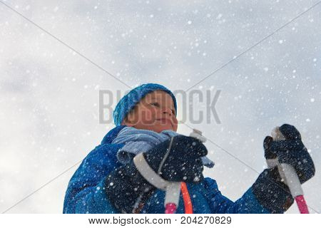 little boy ski in winter nature, kids winter sport