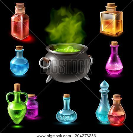 Potion pot cauldron collection with isolated images of colourful glass tubes and flasks with big potty vector illustration