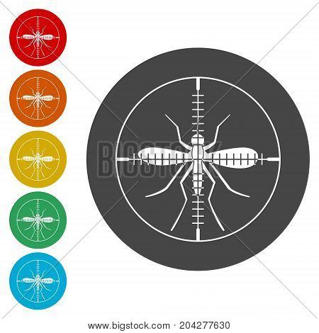 Zika virus icons set, target mosquito icon