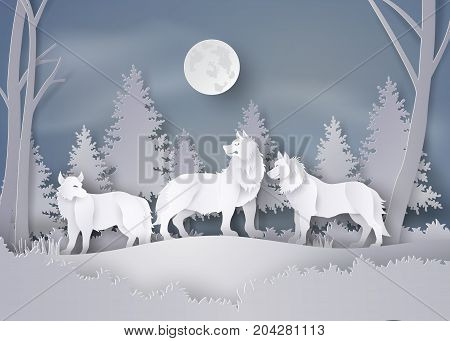 Wolf in forest with snow and fullmoon in the winter season.vector paper art style.