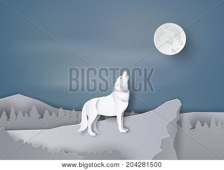 Wolf howl on the cliff On the night of the full moon paper art and craft.