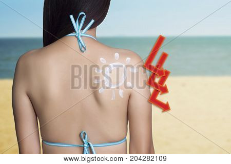 UV reflection skin after protection. Skin care concept. Woman applying sunscreen on her back with sea background. SPF sunblock protection concept. Travel vacation