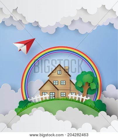 plane fly over the house with rainbow and cloud in the background.paper art and craft style.