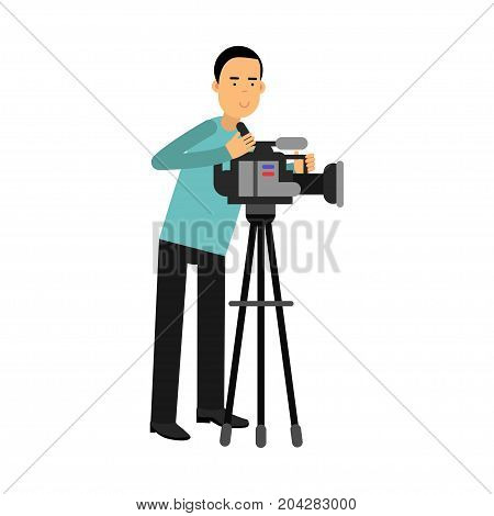 Cameraman character looking through a movie camera on a tripod vector Illustration on a white background