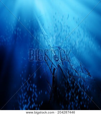 Elegant boat polluted deep blue sea. envronment concept