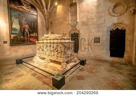 Lisbon, Portugal - August 26, 2017: Tomb of Vasco da Gama in Jeronimos Monastery Church in Belem district.Vasco da Gama was a famous Portuguese explorer who traveled in India dubbing Cape of Good Hope