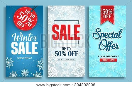 Winter sale vector poster design set with sale text and snow elements in colorful winter background for shopping promotions. Vector illustration.